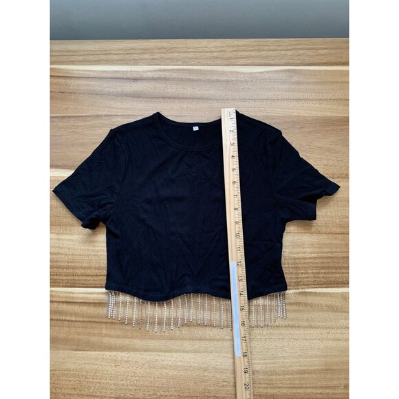Juniors Slim Fit Black Cropped T-Shirt With Rhinestone Fringe Size Small - Picture 6 of 10
